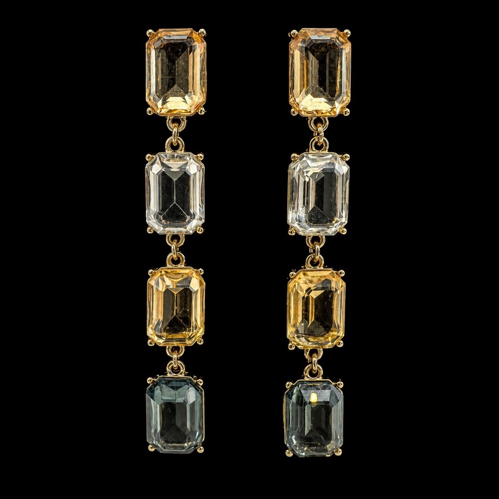 MultiColor Crystal Emerald Cut Drop Earrings Gold Tone Linear Dangle Teal Yellow